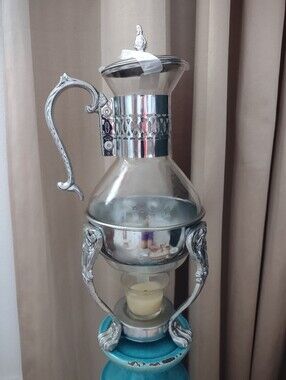 Coffee Tea Pitcher Glass Silver Tone Frame Stand Cabriole Legs Scrolling Handle
